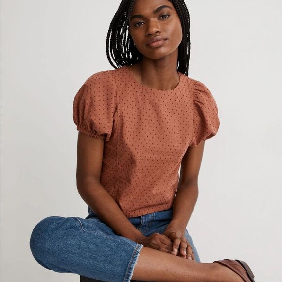 Madewell Jacquard Puff-Sleeve Top in Micro Cross - Picture 1 of 9
